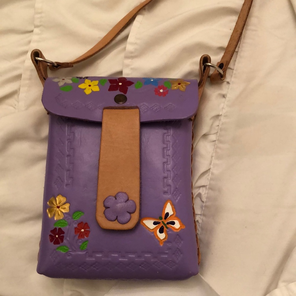 Purple leather cross body purse